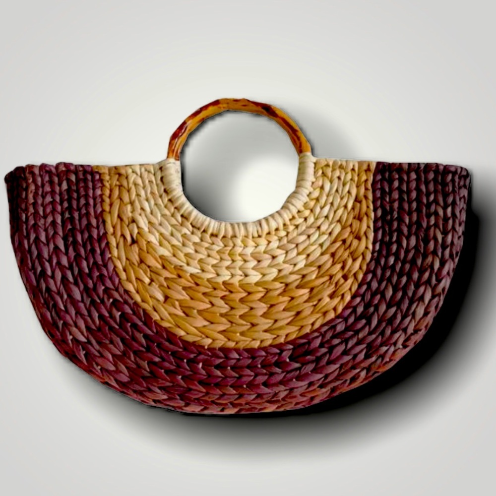 INC International Concepts Two-Tone Woven Straw Half-Moon Bag in Tan and Wine
